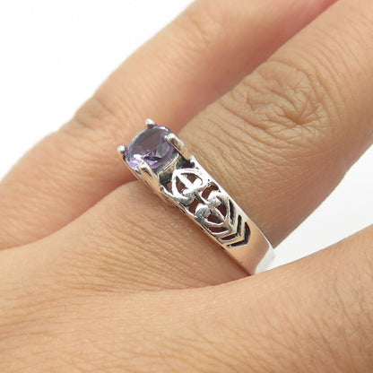 925 Sterling Silver Vintage Real Amethyst Heart & Fleur de Lis Ring Size 6.25