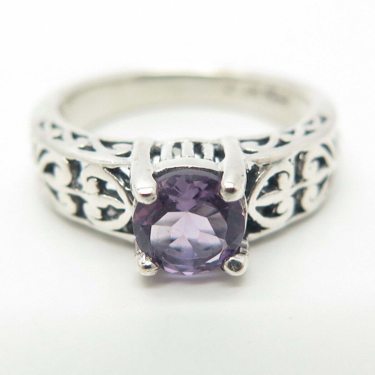 925 Sterling Silver Vintage Real Amethyst Heart & Fleur de Lis Ring Size 6.25