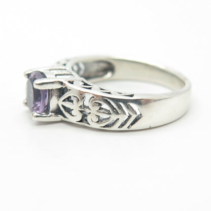 925 Sterling Silver Vintage Real Amethyst Heart & Fleur de Lis Ring Size 6.25