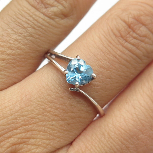 925 Sterling Silver Vintage Real Blue Topaz Gem Heart Ring Size 8.75