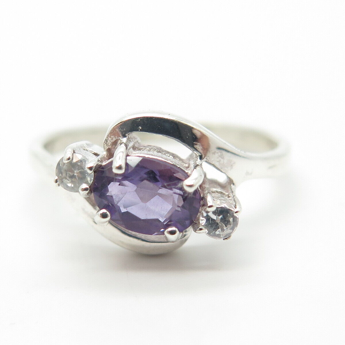 925 Sterling Silver Vintage Real Amethyst Gem & C Z Bypass Ring Size 8.25