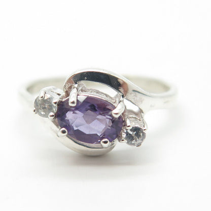 925 Sterling Silver Vintage Real Amethyst Gem & C Z Bypass Ring Size 8.25