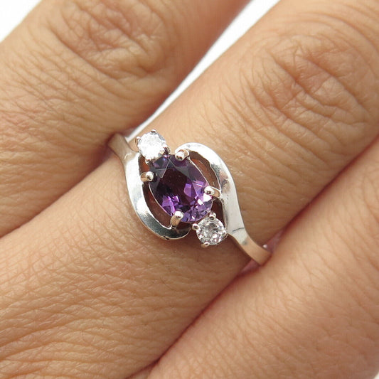 925 Sterling Silver Vintage Real Amethyst Gem & C Z Bypass Ring Size 8.75