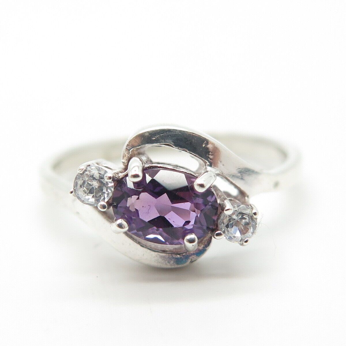 925 Sterling Silver Vintage Real Amethyst Gem & C Z Bypass Ring Size 8.75