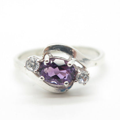 925 Sterling Silver Vintage Real Amethyst Gem & C Z Bypass Ring Size 8.75