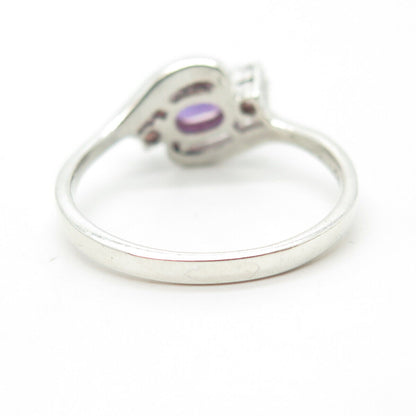 925 Sterling Silver Vintage Real Amethyst Gem & C Z Bypass Ring Size 8.75