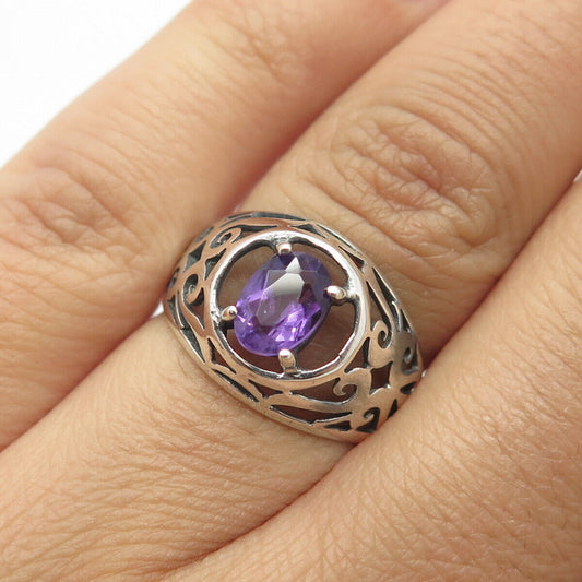 925 Sterling Silver Vintage Real Amethyst Gem Scroll Ring Size 6