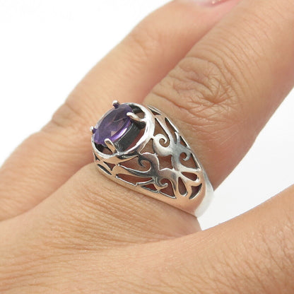 925 Sterling Silver Vintage Real Amethyst Gem Scroll Ring Size 6