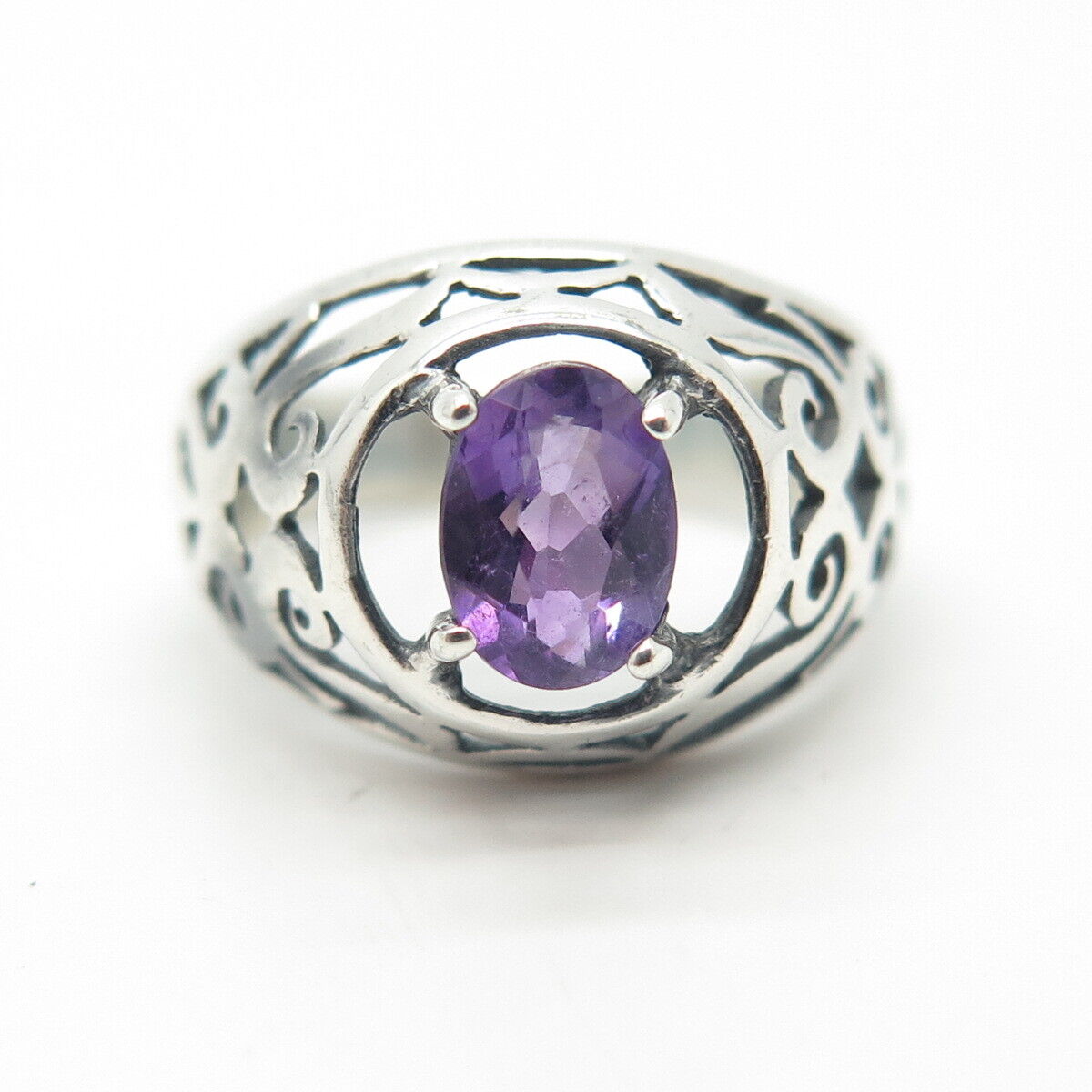 925 Sterling Silver Vintage Real Amethyst Gem Scroll Ring Size 6