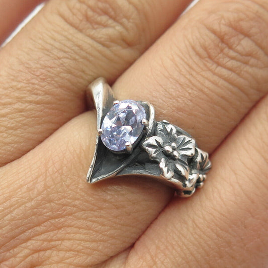 925 Sterling Silver Vintage Prairie Fire Lavender C Z Floral Ring Size 7