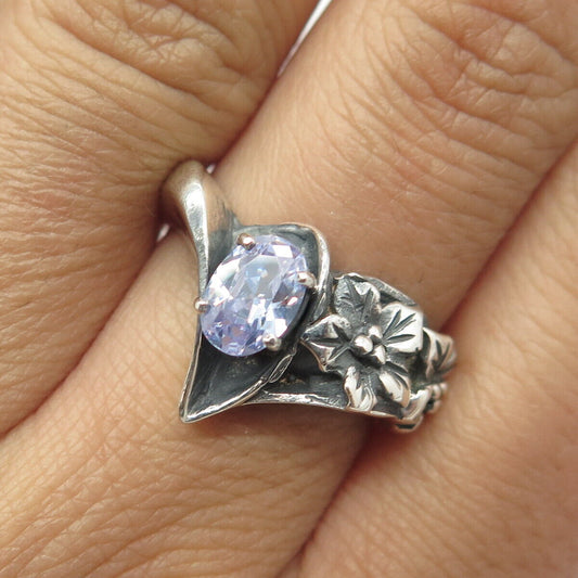 925 Sterling Silver Vintage Prairie Fire Lavender C Z Floral Ring Size 8