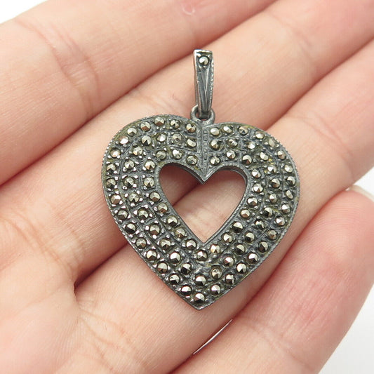 925 Sterling Silver Vintage Real Marcasite Gem Open Heart Pendant