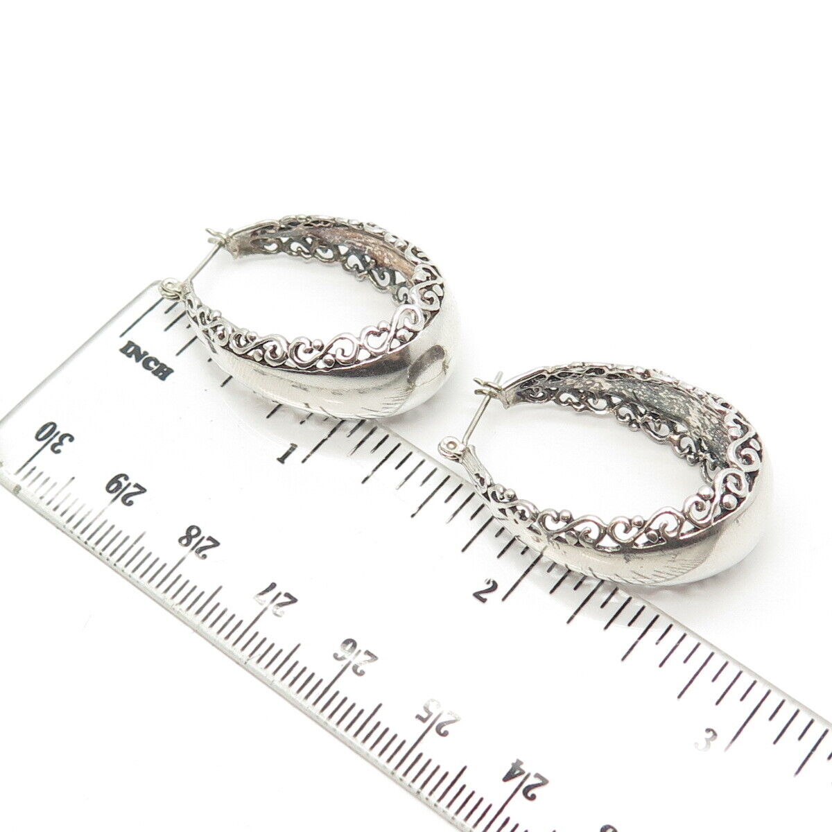 925 Sterling Silver Vintage Shiny Floral Ornate Stud Hoop Earrings