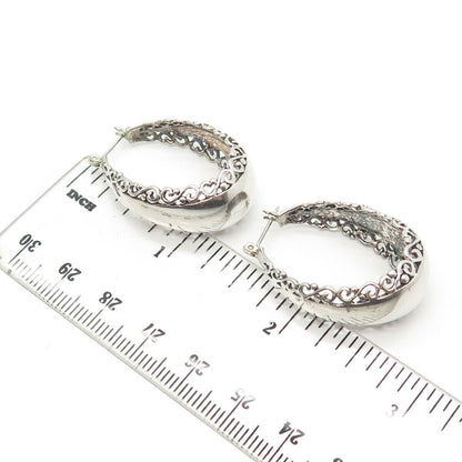 925 Sterling Silver Vintage Shiny Floral Ornate Stud Hoop Earrings