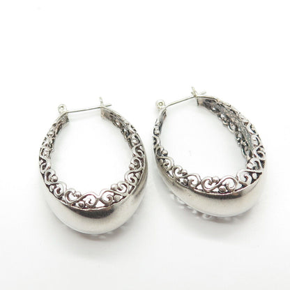 925 Sterling Silver Vintage Shiny Floral Ornate Stud Hoop Earrings