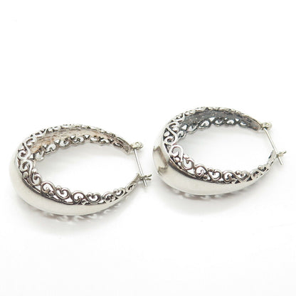 925 Sterling Silver Vintage Shiny Floral Ornate Stud Hoop Earrings