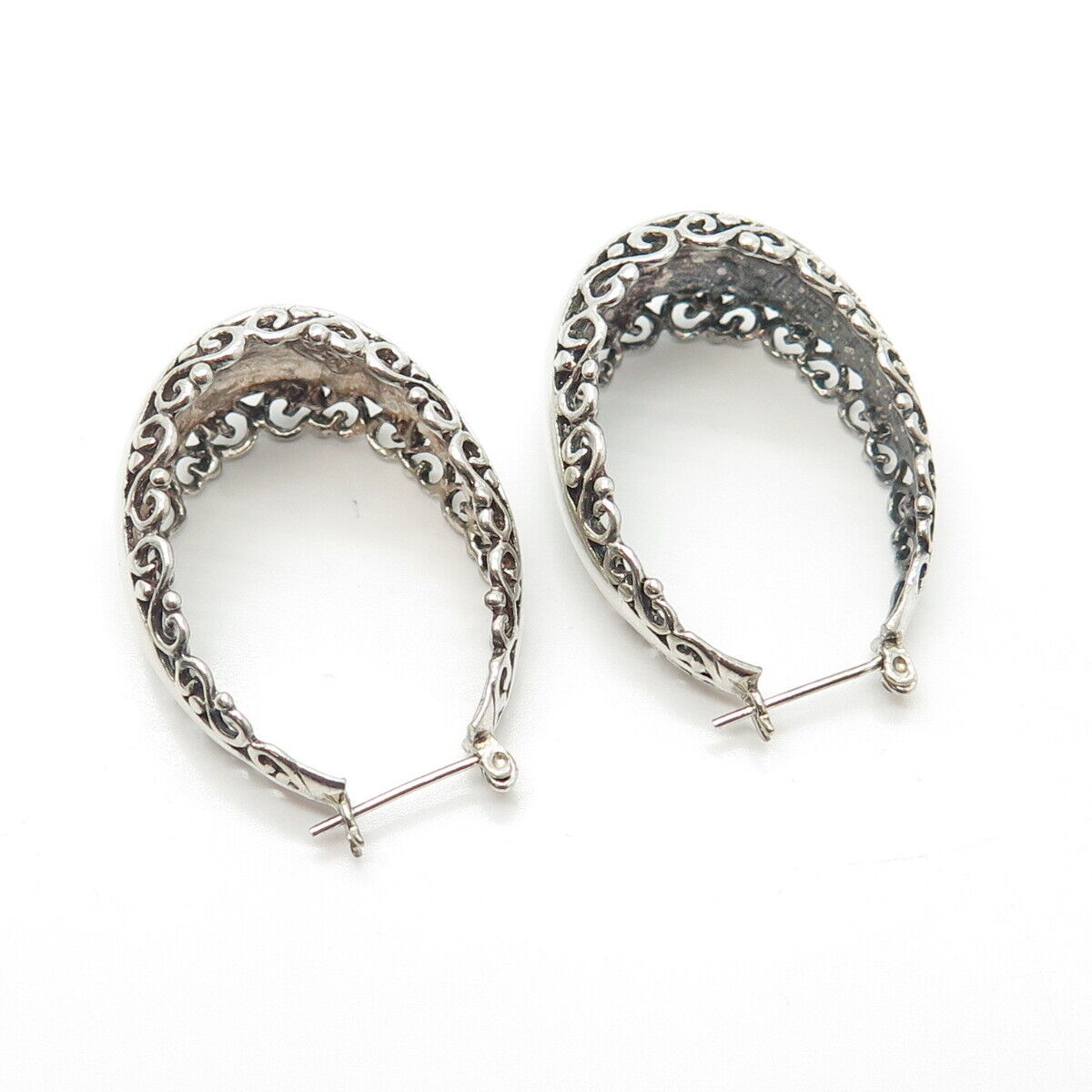 925 Sterling Silver Vintage Shiny Floral Ornate Stud Hoop Earrings