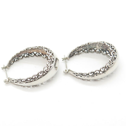 925 Sterling Silver Vintage Shiny Floral Ornate Stud Hoop Earrings