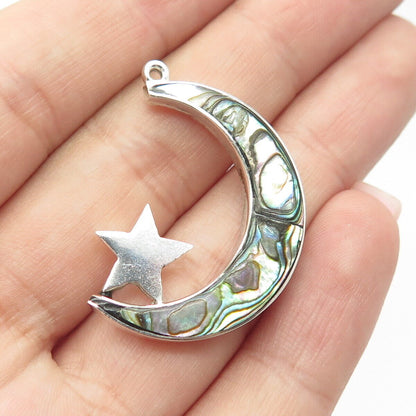 925 Sterling Silver Vintage Real Abalone Shell Crescent Moon & Star Pendant