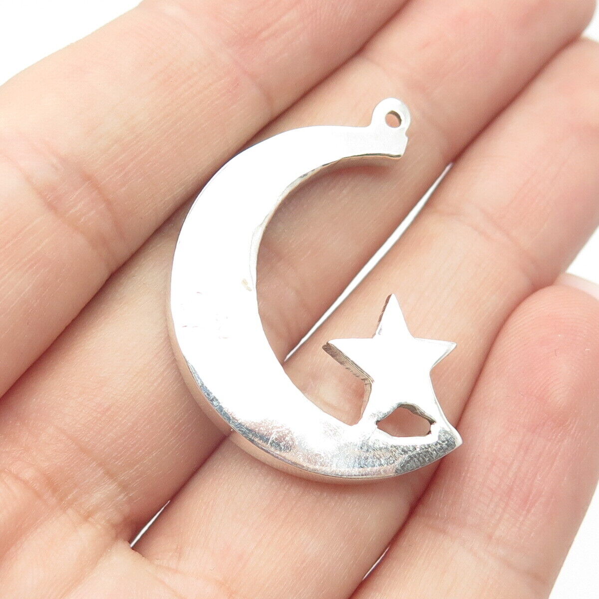 925 Sterling Silver Vintage Real Abalone Shell Crescent Moon & Star Pendant