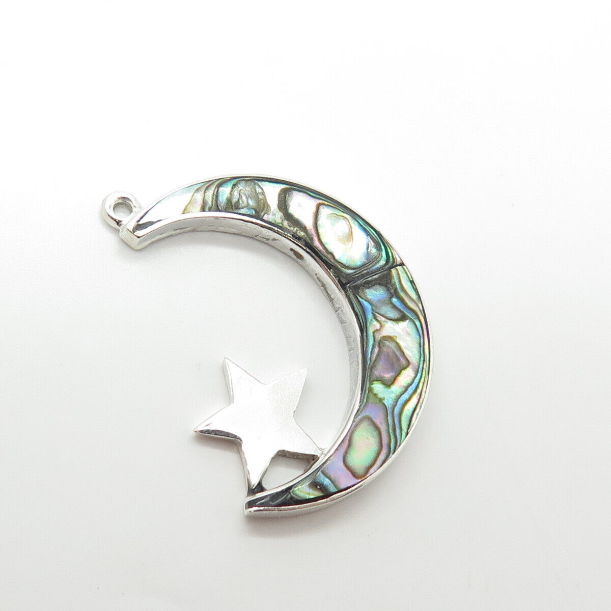 925 Sterling Silver Vintage Real Abalone Shell Crescent Moon & Star Pendant