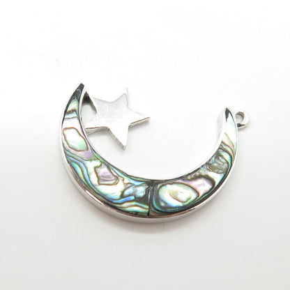 925 Sterling Silver Vintage Real Abalone Shell Crescent Moon & Star Pendant