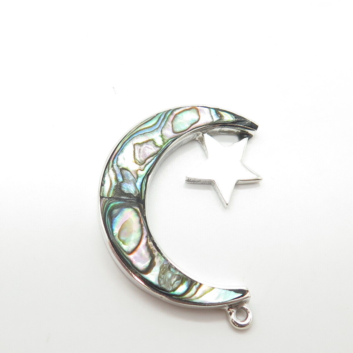 925 Sterling Silver Vintage Real Abalone Shell Crescent Moon & Star Pendant