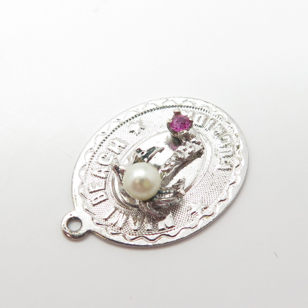 925 Sterling Silver Vintage Real Pearl & Rhinestone Miami Beach Florida Pendant