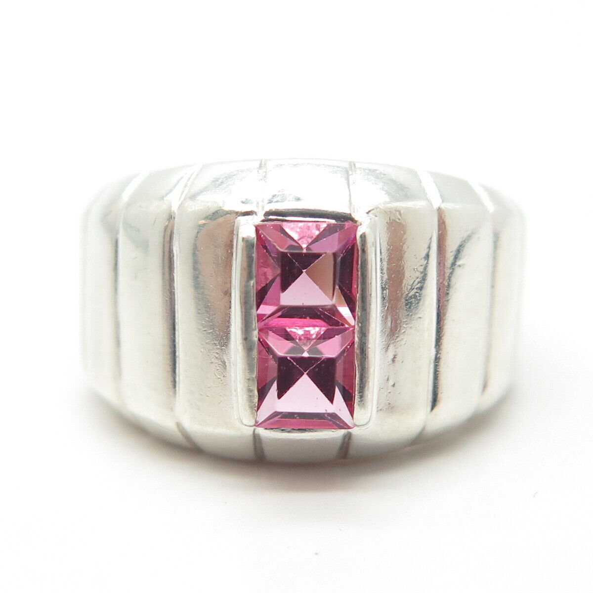 925 Sterling Silver Vintage Pink C Z Ribbed Ring Size 6.25