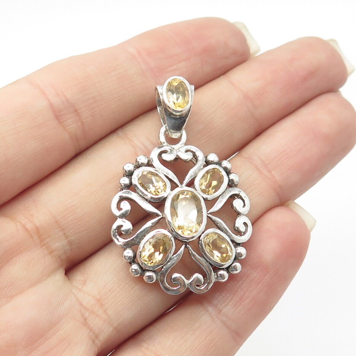 925 Sterling Silver Vintage Real Citrine Gem Heart Cross Floral Pendant