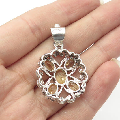 925 Sterling Silver Vintage Real Citrine Gem Heart Cross Floral Pendant