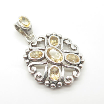 925 Sterling Silver Vintage Real Citrine Gem Heart Cross Floral Pendant