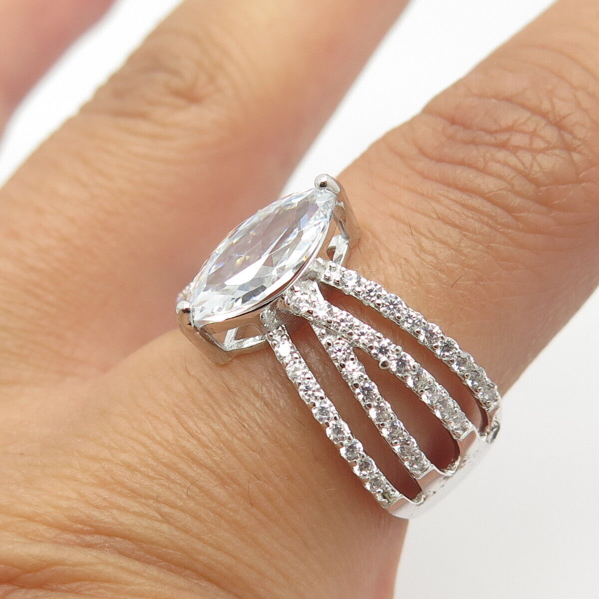 925 Sterling Silver Marquise-Cut C Z Ring Size 8.25