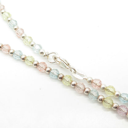 925 Sterling Silver Italy Multi-Color Crystal Ball Chain Necklace 14"