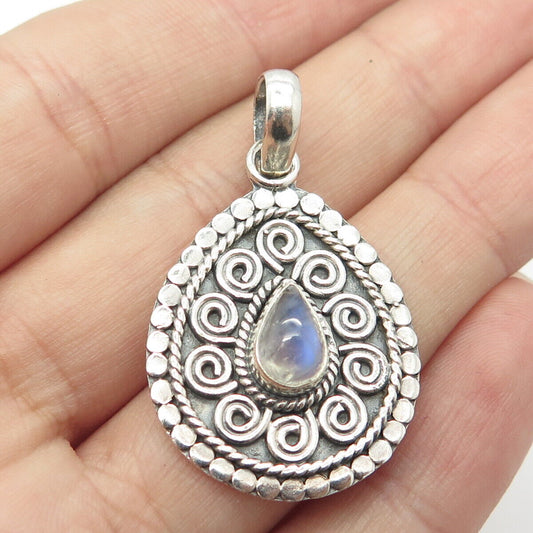 925 Sterling Silver Vintage Real Moonstone Gem Swirl Ornate Pendant