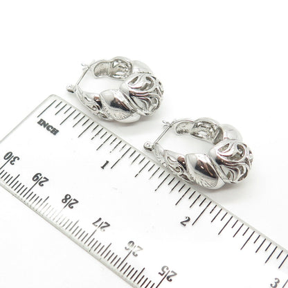 925 Sterling Silver Vintage Shiny Ornate Cone Shape Puffy Hoop Earrings