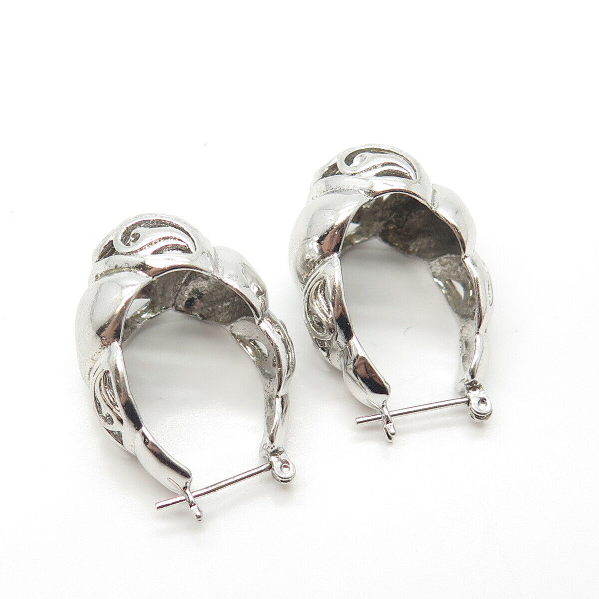 925 Sterling Silver Vintage Shiny Ornate Cone Shape Puffy Hoop Earrings