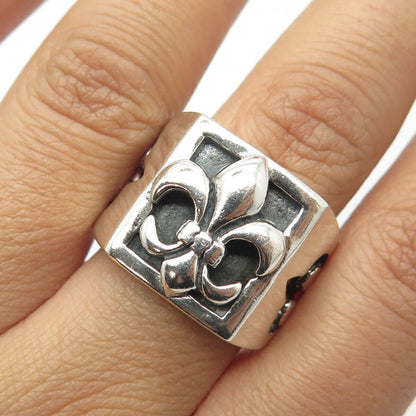 925 Sterling Silver Vintage Fleur de Lis Block Statement Men's Ring Size 8.75