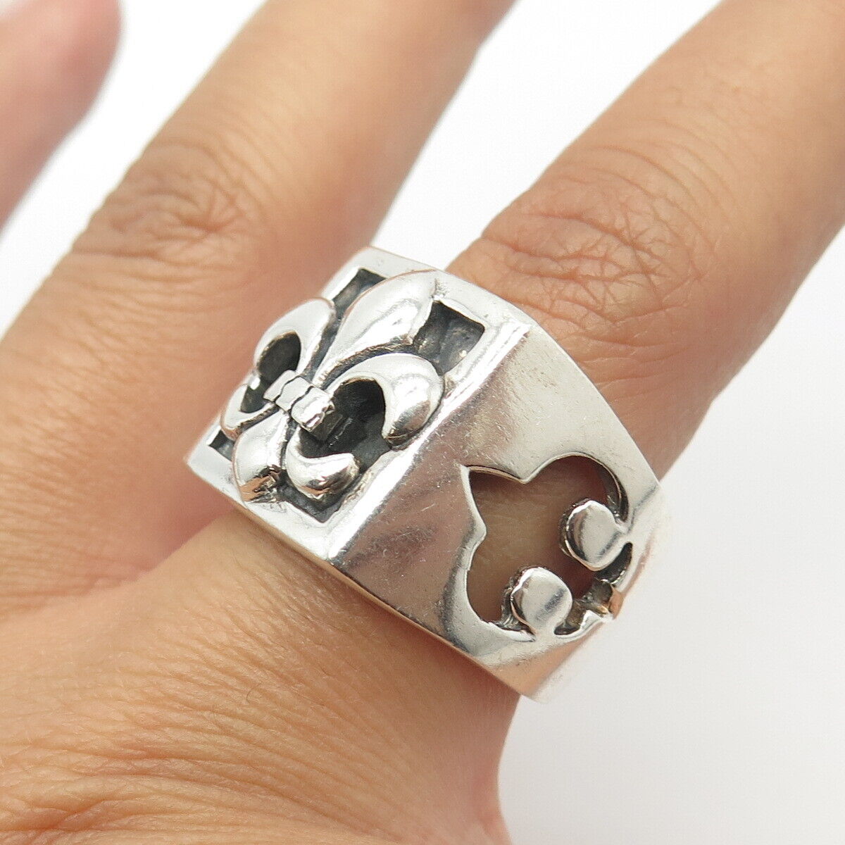 925 Sterling Silver Vintage Fleur de Lis Block Statement Men's Ring Size 8.75