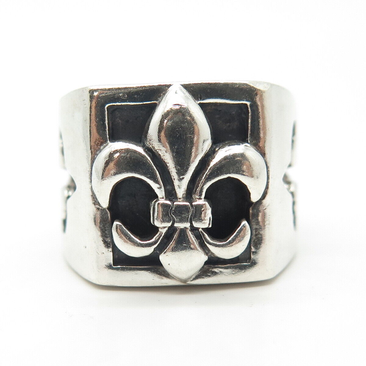 925 Sterling Silver Vintage Fleur de Lis Block Statement Men's Ring Size 8.75