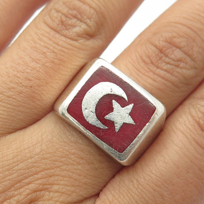 925 Sterling Silver Vintage Red Jasper Gem Flag of Turkey Signet Ring Size 12.25