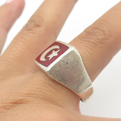 925 Sterling Silver Vintage Red Jasper Gem Flag of Turkey Signet Ring Size 12.25