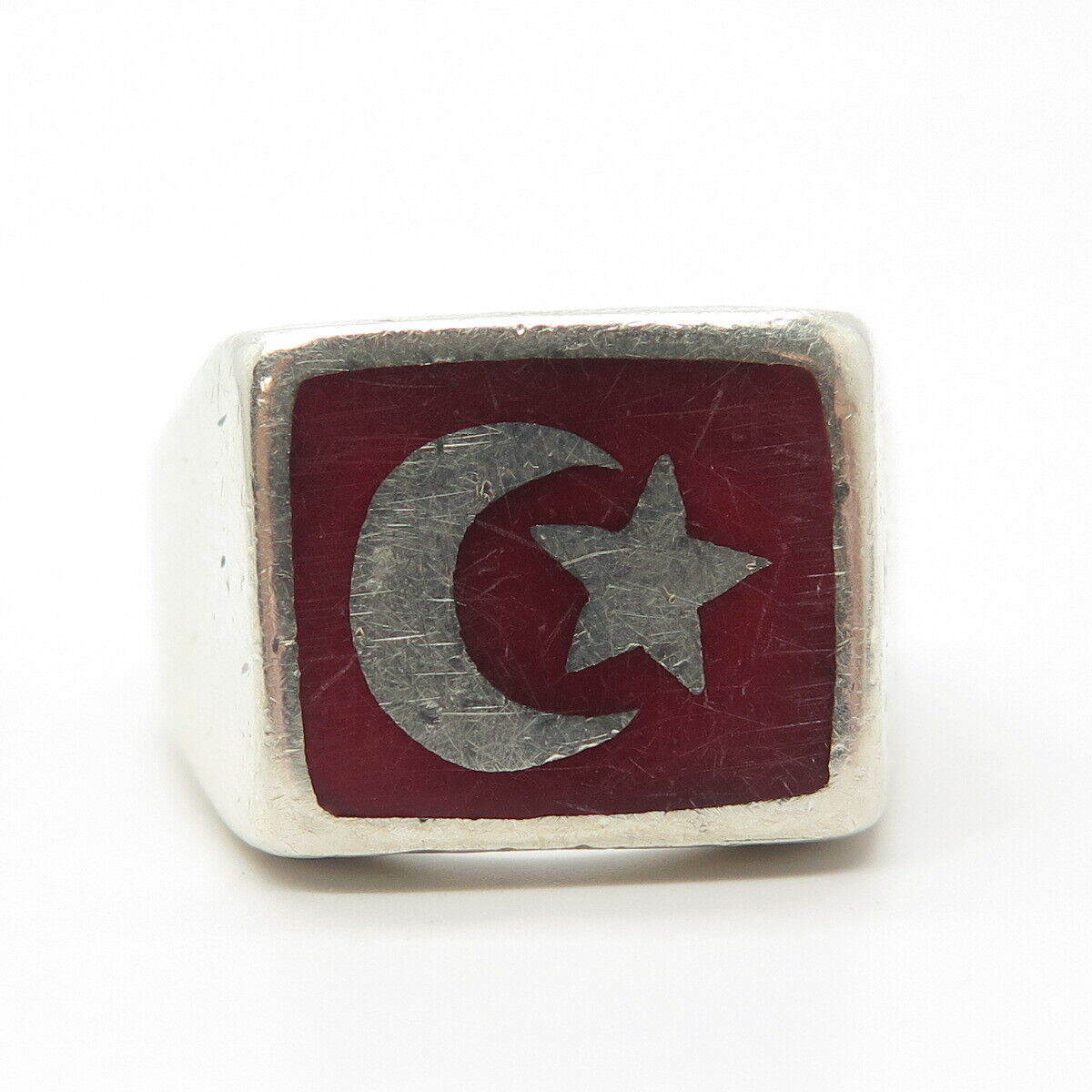 925 Sterling Silver Vintage Red Jasper Gem Flag of Turkey Signet Ring Size 12.25