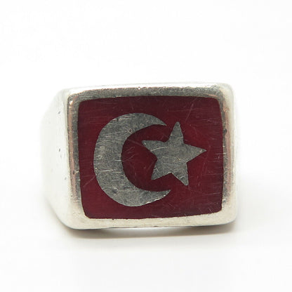 925 Sterling Silver Vintage Red Jasper Gem Flag of Turkey Signet Ring Size 12.25