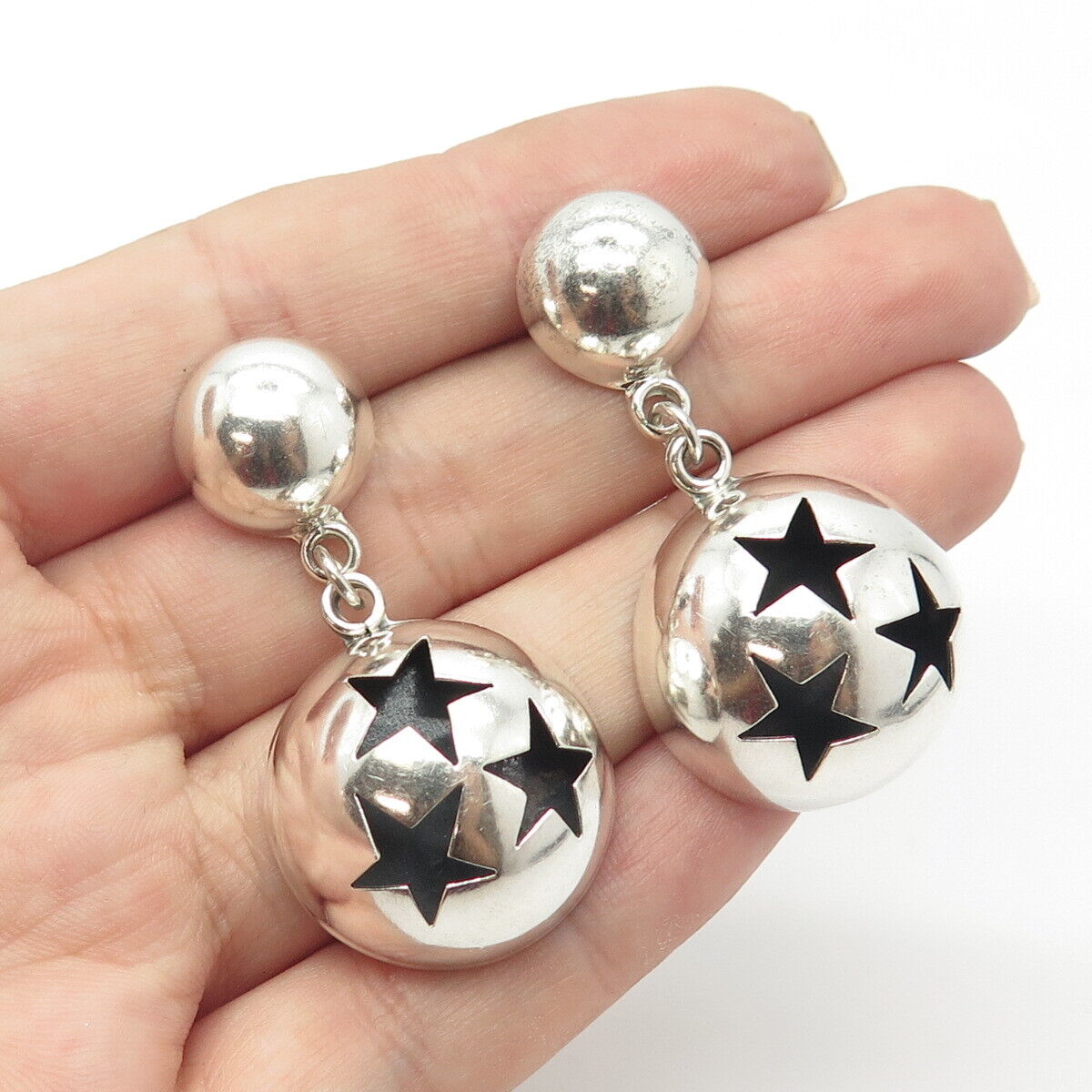 925 Sterling Silver Vintage Mexico Morning Star Dome Dangling Earrings