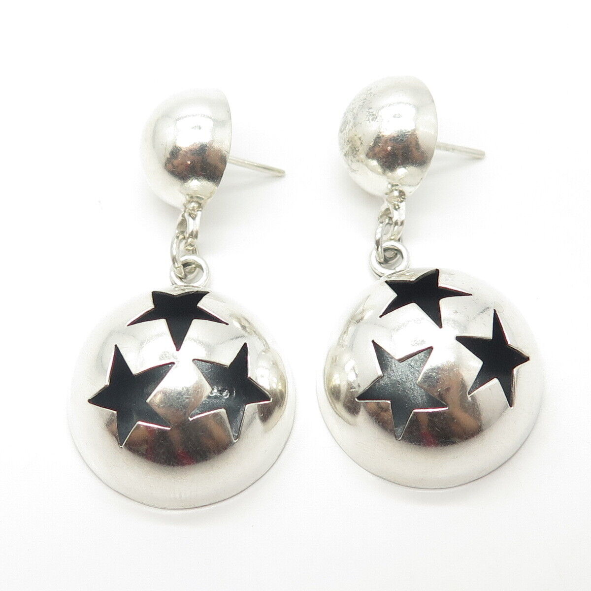 925 Sterling Silver Vintage Mexico Morning Star Dome Dangling Earrings