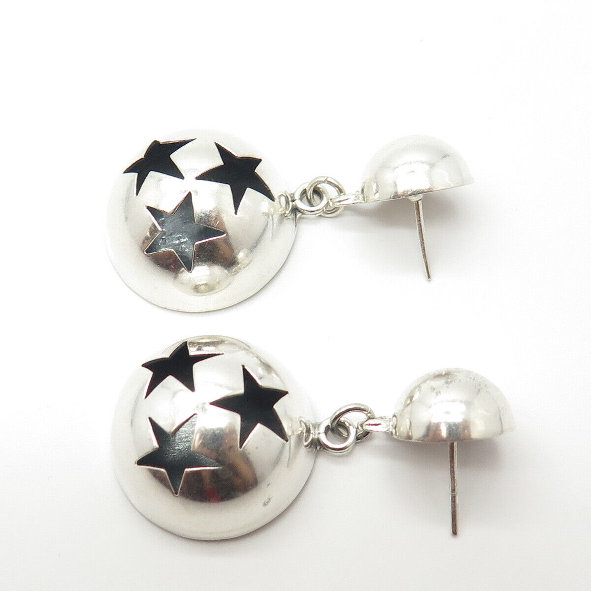 925 Sterling Silver Vintage Mexico Morning Star Dome Dangling Earrings