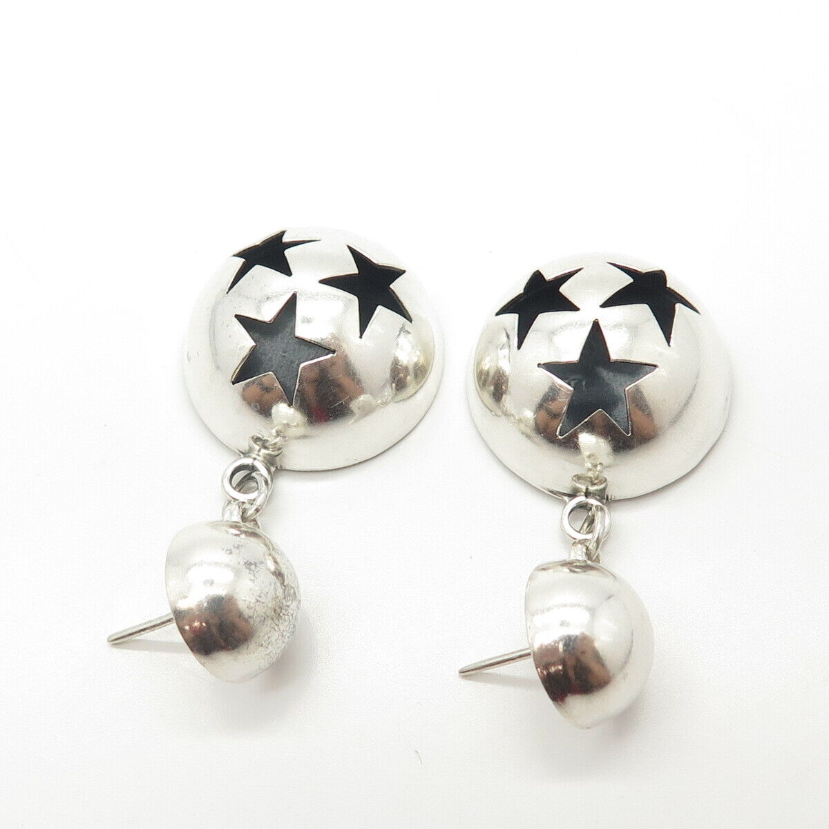 925 Sterling Silver Vintage Mexico Morning Star Dome Dangling Earrings