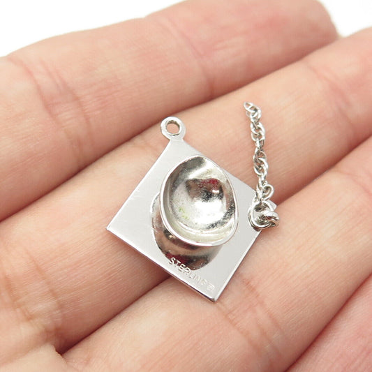 925 Sterling Silver Vintage Wells Graduation Cap 3D Charm Pendant