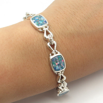 925 Sterling Silver Vintage Michelle Albala Opal Gem Tennis Link Bracelet 8.25"